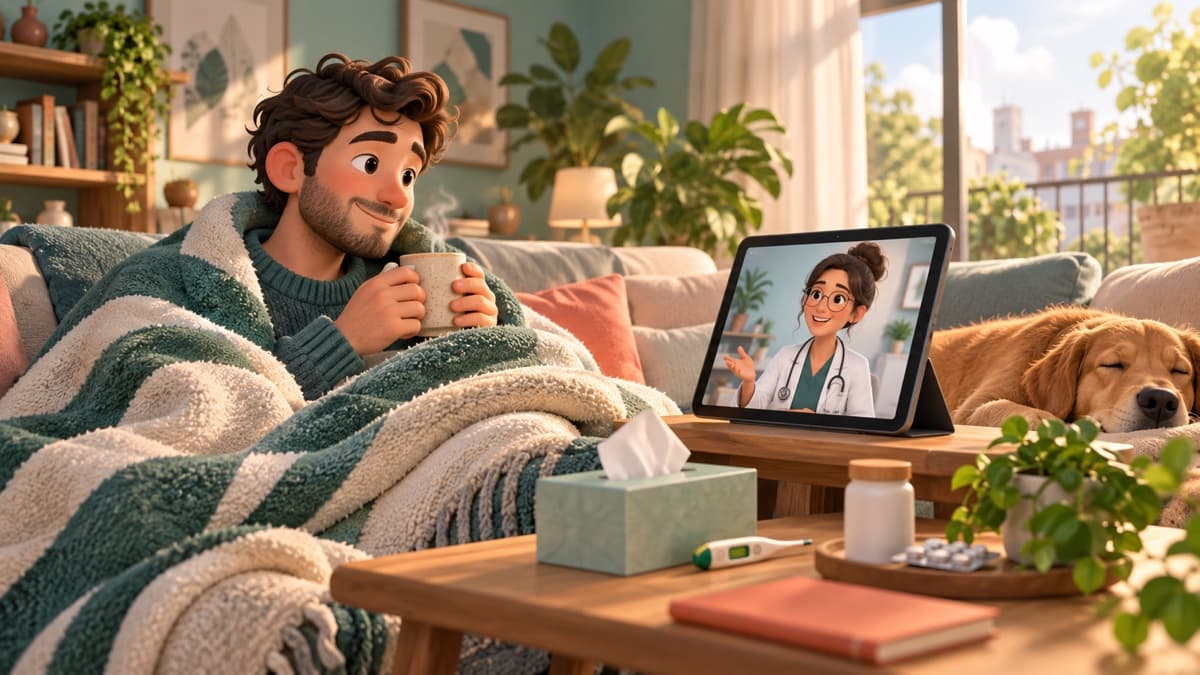 Un salarié se repose chez lui sous un plaid avec une tasse chaude, pendant qu'une médecin lui parle en téléconsultation sur une tablette.