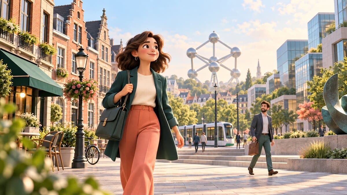 Une professionnelle traverse une place bruxelloise, avec l’Atomium et un tram à l’arrière-plan.