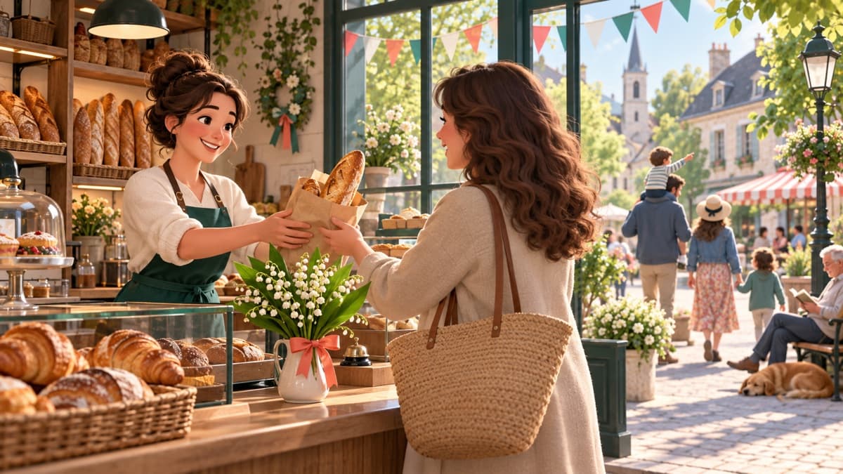 Une boulangère sert une cliente un jour férié, avec un bouquet de muguet sur le comptoir et une rue décorée de fanions.