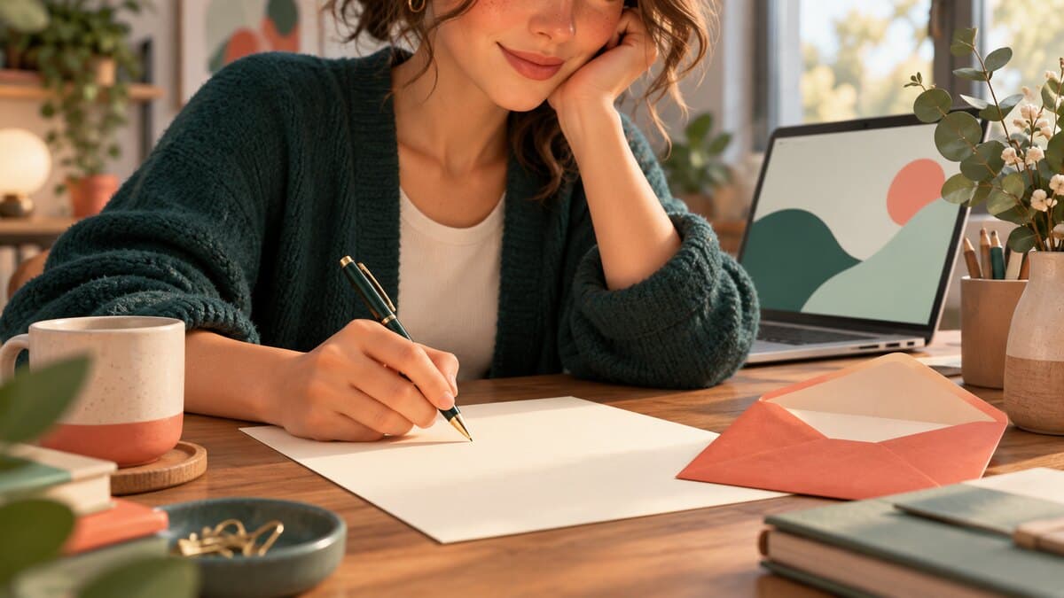 Une personne rédige une lettre à son bureau, à côté d’une enveloppe corail ouverte.