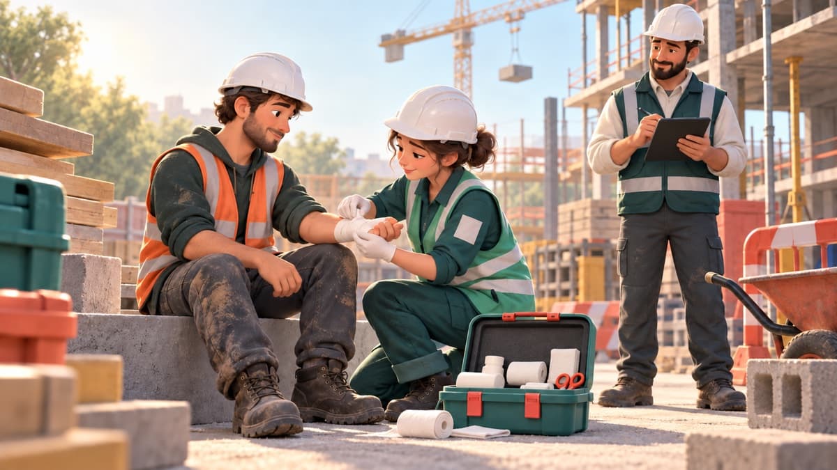 Une secouriste bande le poignet d'un ouvrier sur un chantier, un responsable prend des notes.