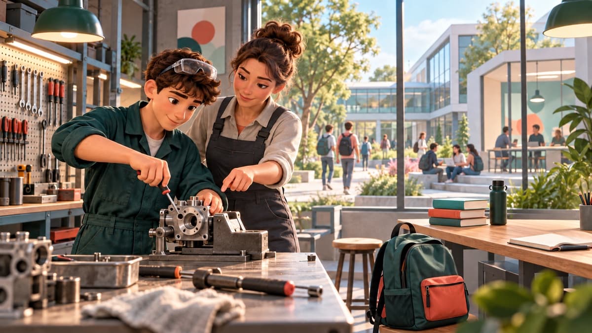 Un jeune apprenti apprend un geste auprès de sa maître d'apprentissage dans un atelier, un campus visible au loin.