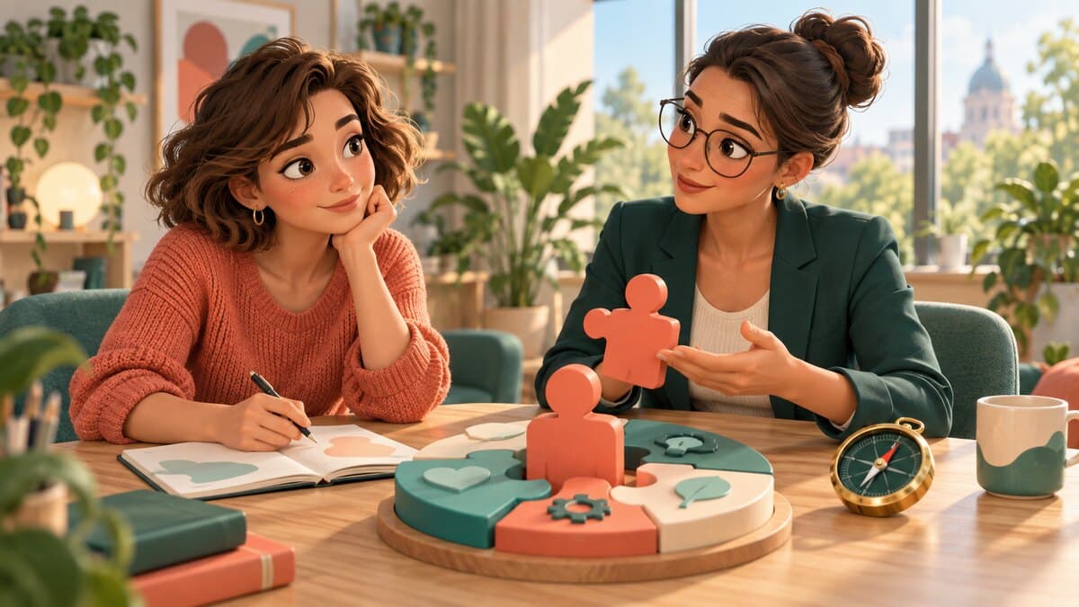 Une conseillère et une personne en reconversion explorent ses compétences autour d’une table.