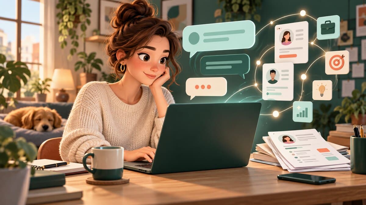 Une candidate prépare sa recherche d’emploi avec un assistant conversationnel et des fiches de candidature.