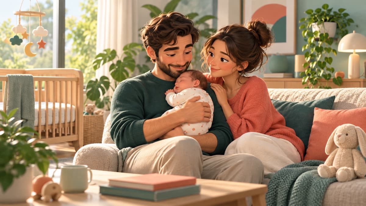 Un jeune couple rayonnant tient son nouveau-né dans un salon lumineux.