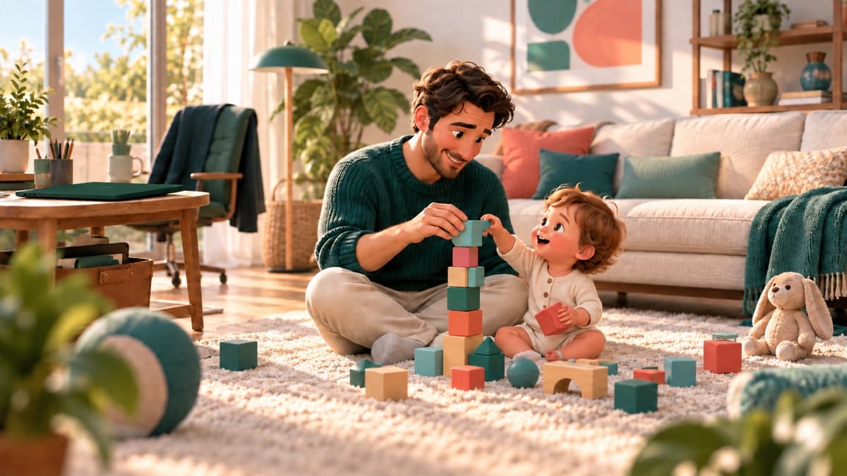 Un père joue avec son jeune enfant sur un tapis, un ordinateur fermé en arrière-plan.