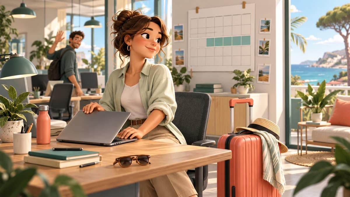 Une salariée prépare son départ en congés : valise près du bureau et calendrier mural aux jours surlignés.