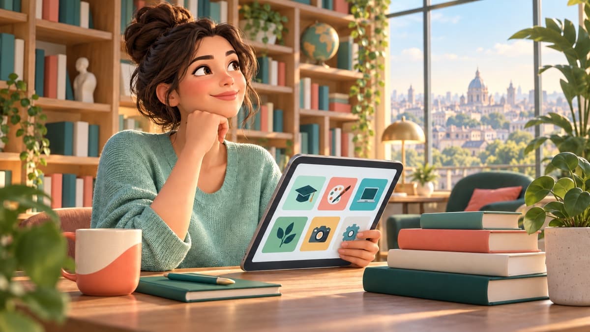 Un adulte choisit une formation sur une tablette dans une bibliothèque lumineuse.