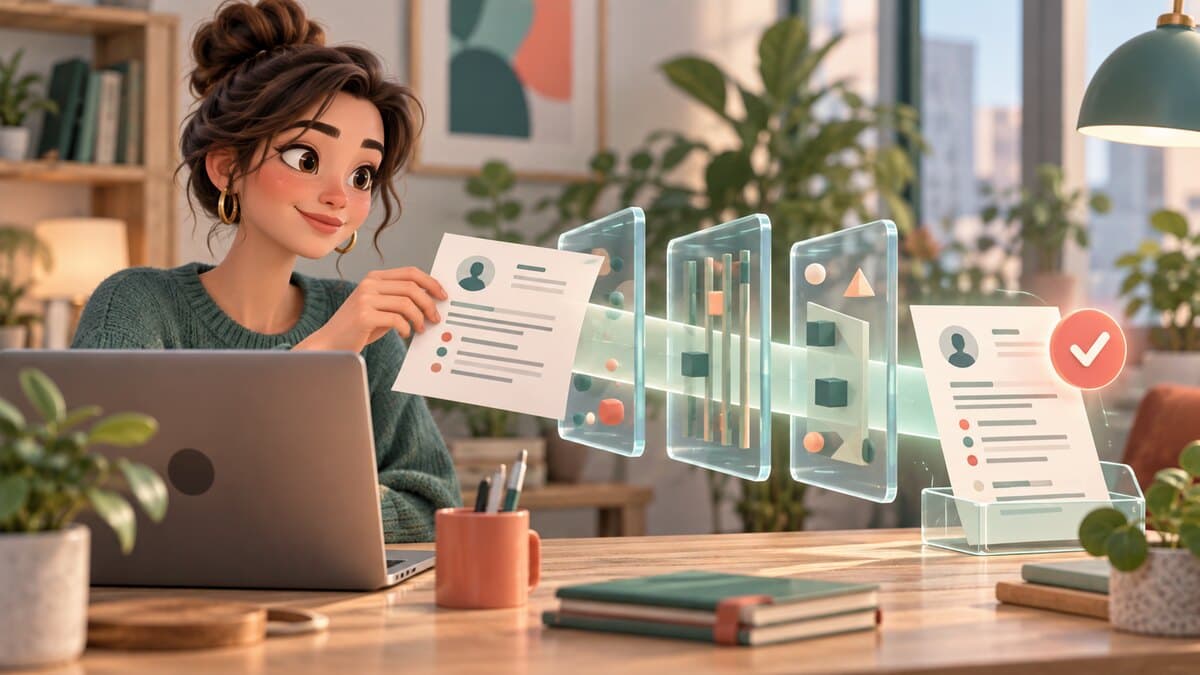 Une candidate vérifie que son CV structuré peut être lu par un logiciel de recrutement.