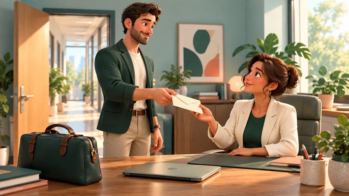 Un salarié remet une enveloppe à sa responsable dans un bureau ouvert sur un couloir lumineux.