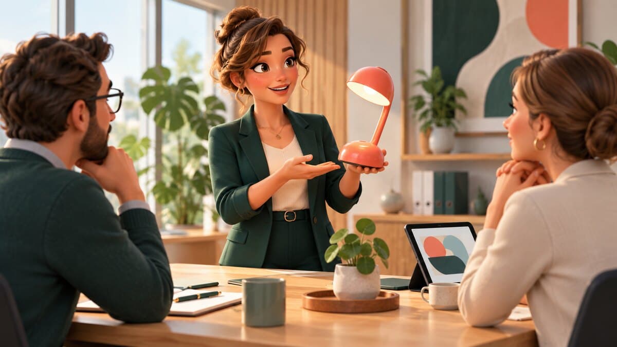 Une candidate présente un produit à deux recruteurs pendant un entretien pour un poste commercial.