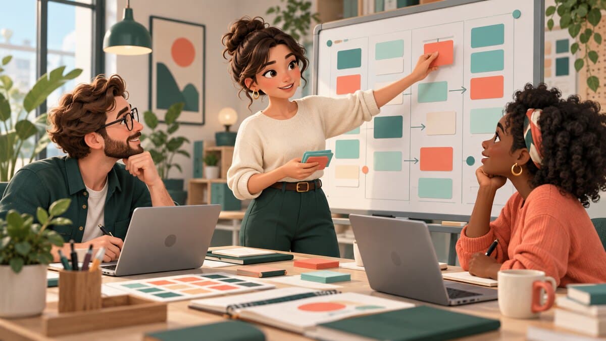 Une cheffe de projet organise un planning visuel avec deux collègues autour d’une table.