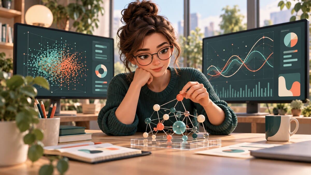 Une data scientist étudie des graphiques et un modèle de données composé de nœuds reliés.