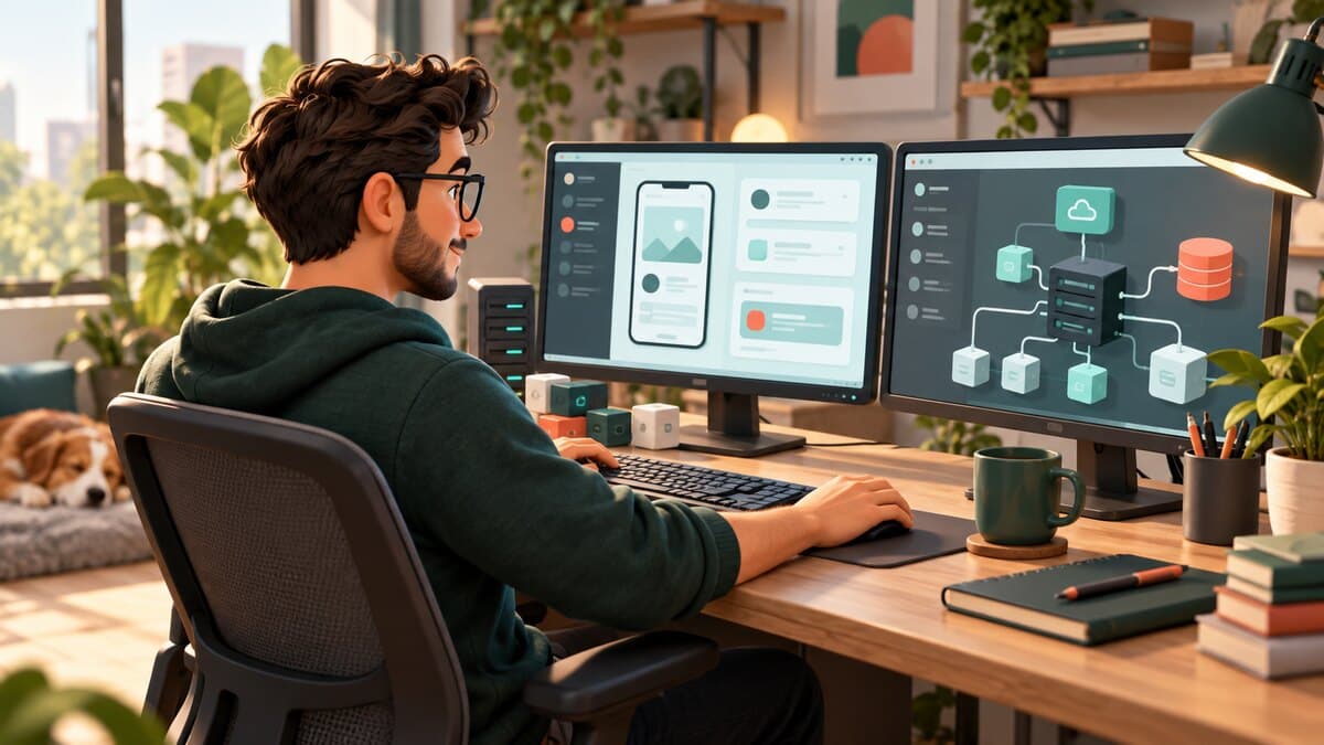 Un développeur travaille sur l’interface et l’architecture d’une application affichées sur deux écrans.
