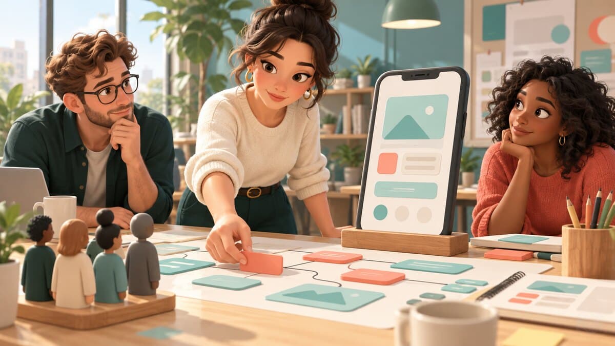 Une responsable produit et son équipe discutent d’un prototype d’application et de ses priorités.