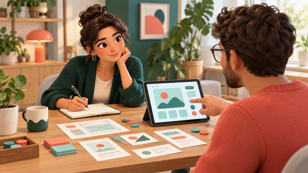Une designer observe une personne tester un prototype sur tablette, avec des maquettes en papier.