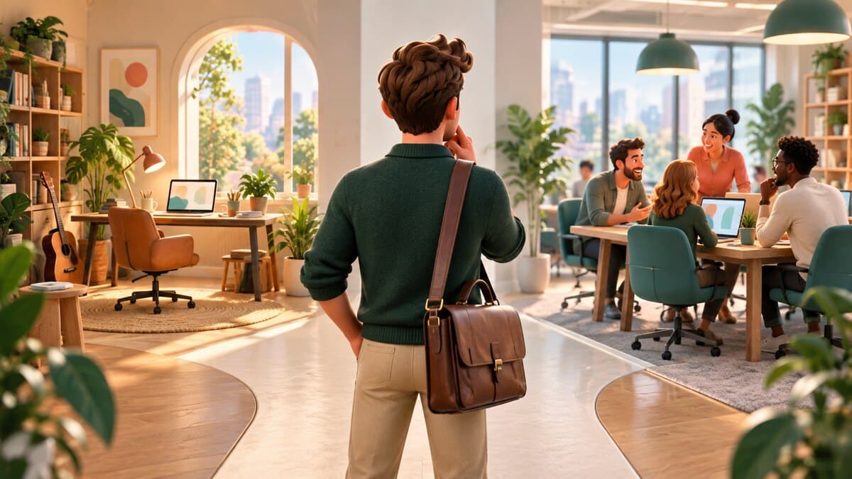 Une personne hésite entre un atelier de travail indépendant et un espace partagé avec une équipe.