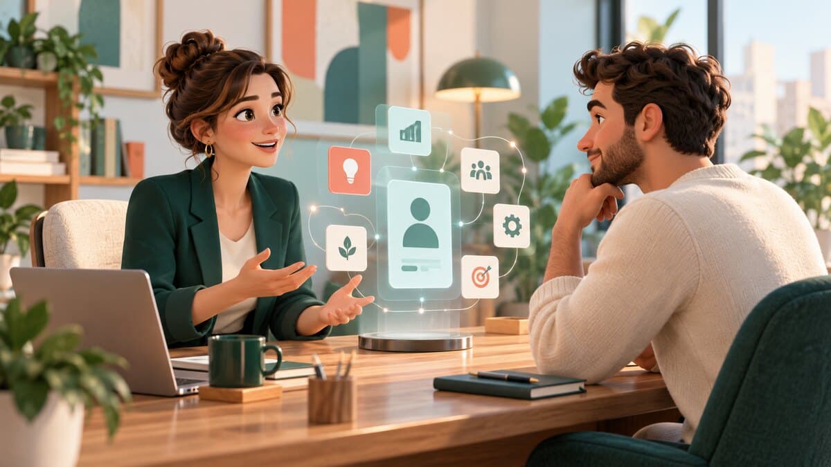 Une recruteuse échange avec un candidat, accompagnée d’une visualisation de compétences reliées.