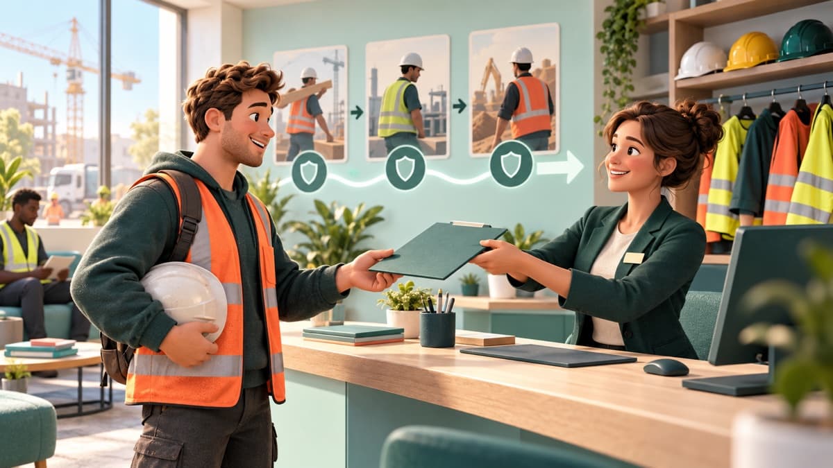 Une conseillère d'agence confie une nouvelle mission à un intérimaire en gilet de travail.