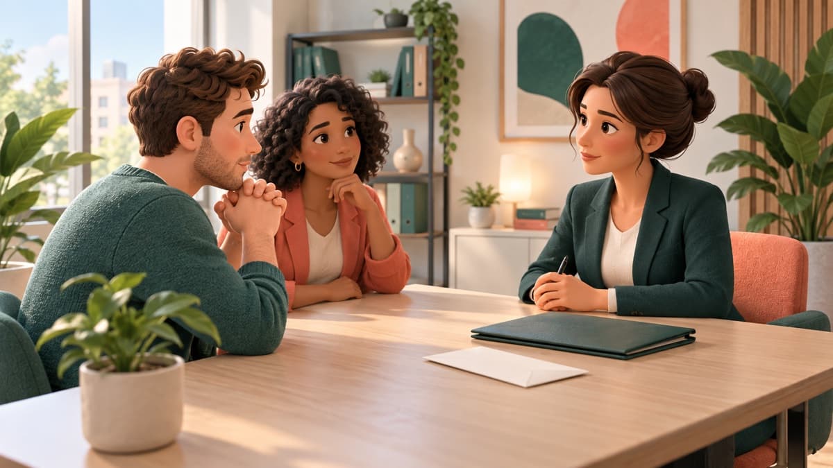 Un salarié accompagné d'un conseiller échange calmement avec une responsable autour d'une table lors d'un entretien.