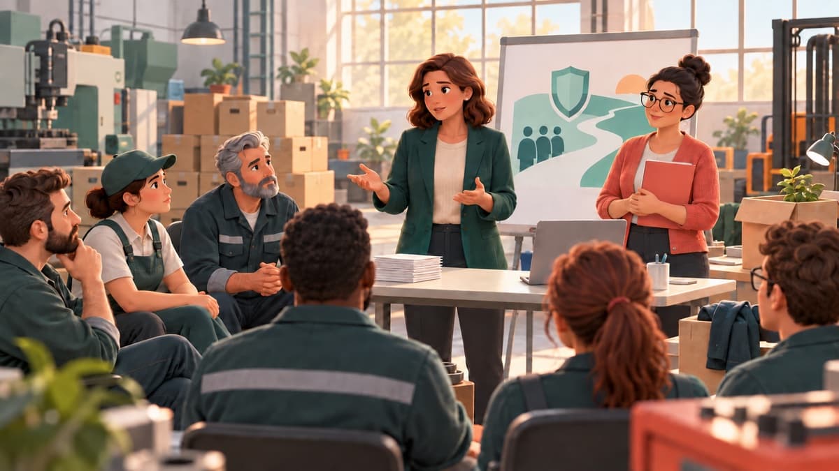 Une équipe écoute une réunion d'information calme dans un atelier industriel.