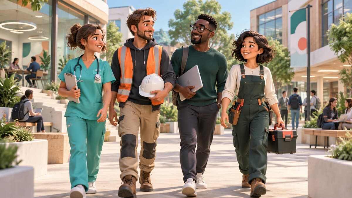 Quatre professionnels de la santé, du bâtiment, du numérique et de l’artisanat sur un campus.