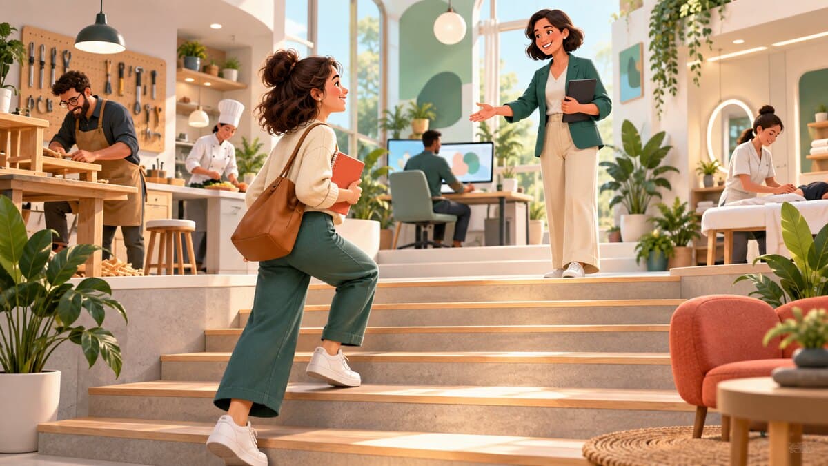 Une adulte rejoint une formatrice dans un centre proposant plusieurs parcours de reconversion professionnelle.