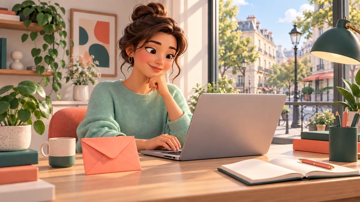 Une candidate relit un e-mail de relance sur son ordinateur, une enveloppe corail en papier à côté.