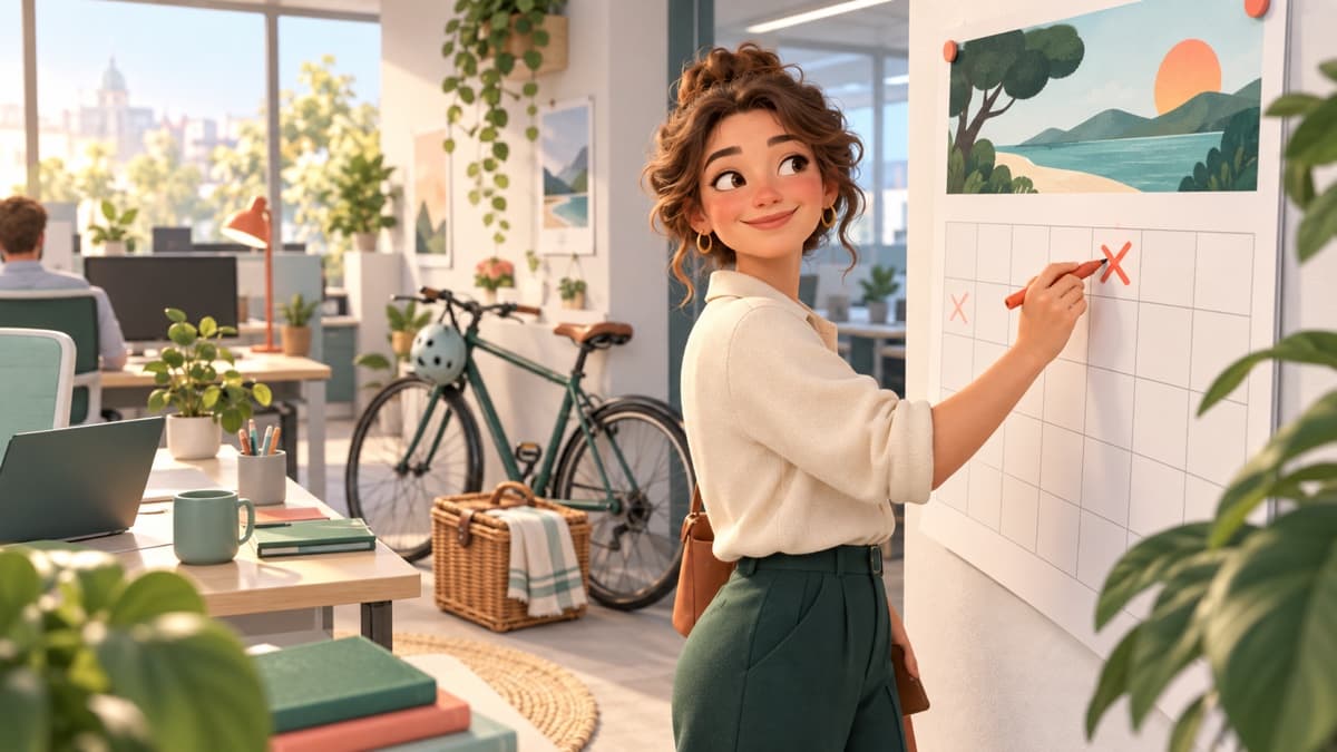 Une cadre marque une journée de repos sur un grand calendrier mural, un vélo prêt pour une journée libre.