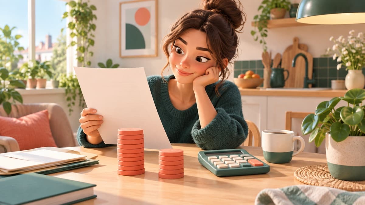 Une salariée compare une feuille de paie et deux piles de jetons de hauteurs différentes sur une table lumineuse.