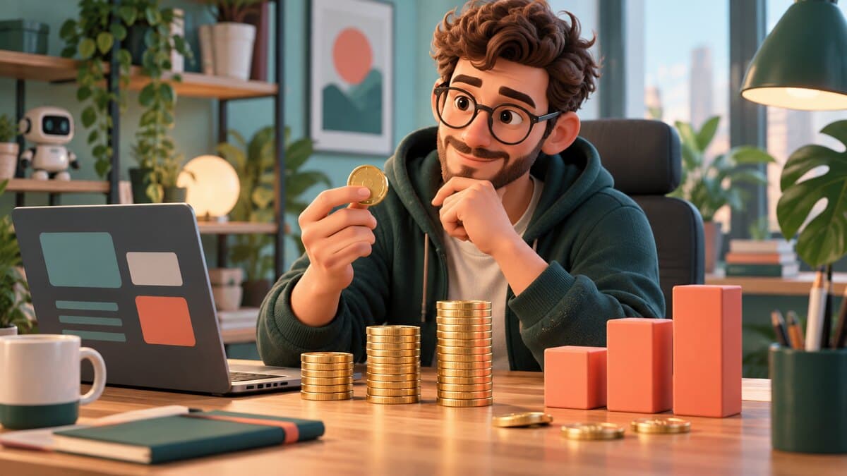 Développeur à son bureau devant des jetons et des volumes en escalier symbolisant la progression du salaire.
