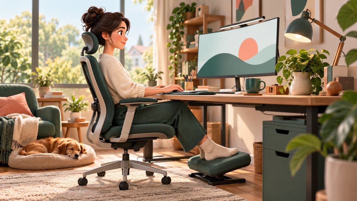 Une femme travaille à domicile dans un espace lumineux équipé d’un bureau ergonomique.