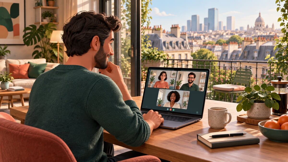 Un homme participe à une visioconférence depuis chez lui, avec une vue sur des toits français.