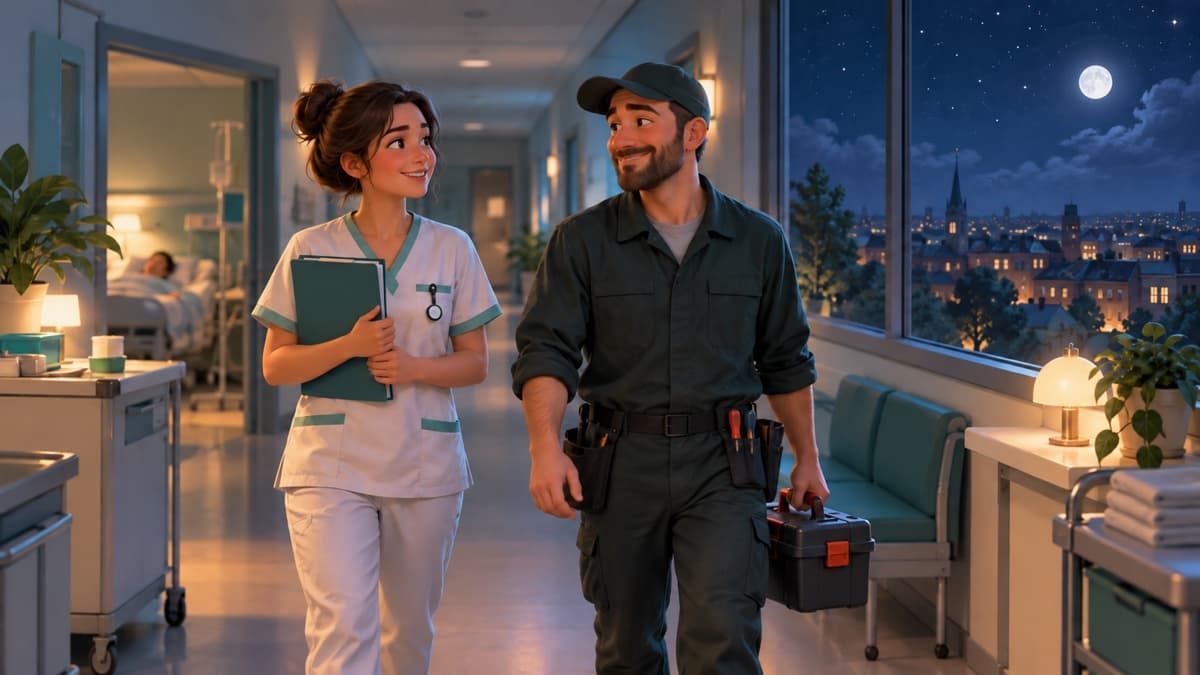 Deux professionnels de nuit échangent un sourire dans un couloir calme, une ville endormie par la fenêtre.
