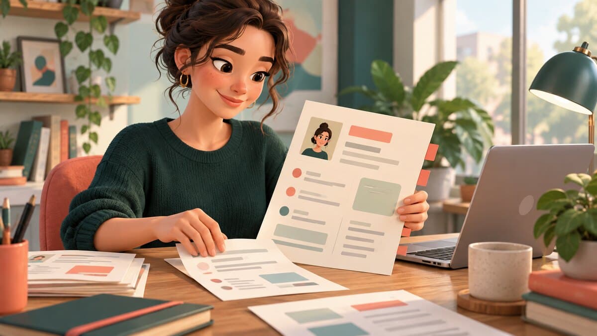 Candidate préparant son CV sur un bureau, avec des feuilles structurées et un ordinateur.